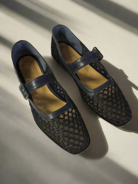 Eugenia Flat in Indigo Mesh Size 38