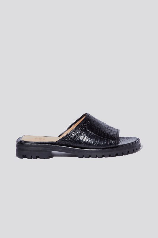 Pileta Sport Slide in Black Croc-Effect Leather